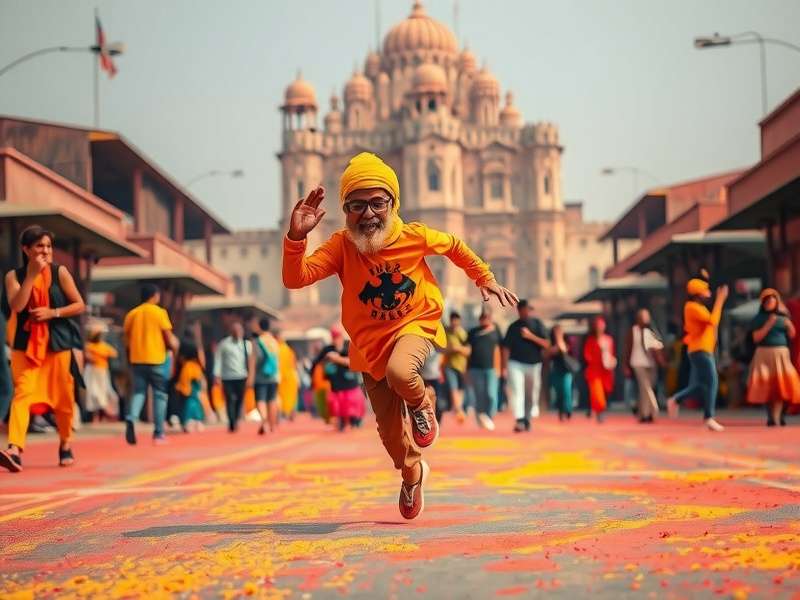 Jaipur Jumper Holi event showing character in colorful clothes running through gulal-covered streets with Hawa Mahal in background