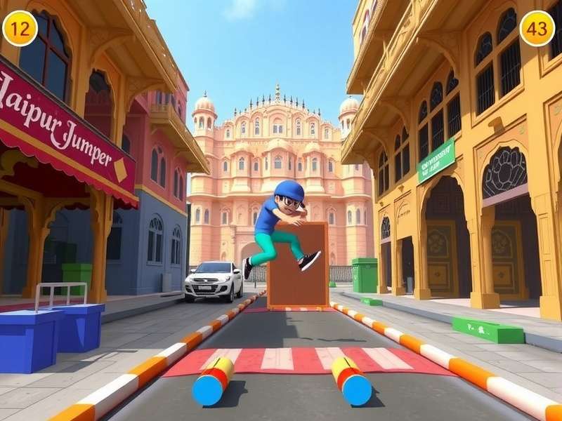 Jaipur Jumper gameplay showing a character jumping over obstacles in Jaipur's street with Hawa Mahal in background