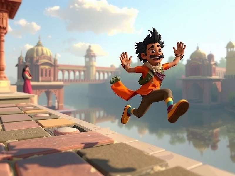 Concept art of Jaipur Jumper's upcoming Varanasi expansion showing character running along ghats with Ganges river in background