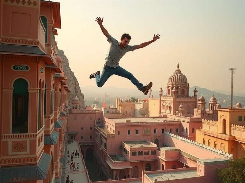 Jaipur Jumper scene showing character jumping over Hawa Mahal windows with pink cityscape